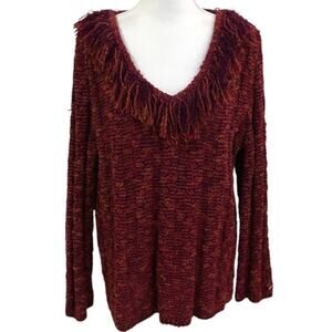 St. John Red Fringe V-Neck Wool Sweater